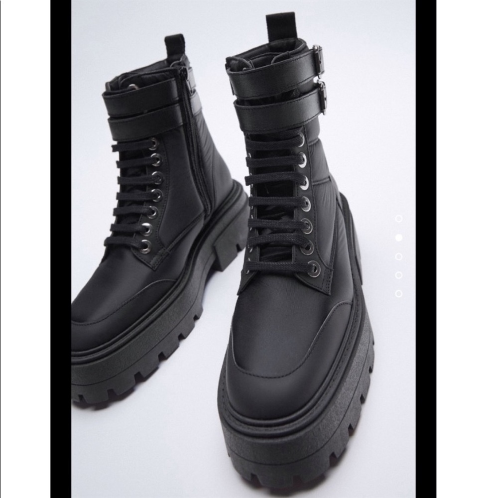 Zara black thick sole lace ups , quilted , doble buckled ,combat boots - Picture 11 of 12